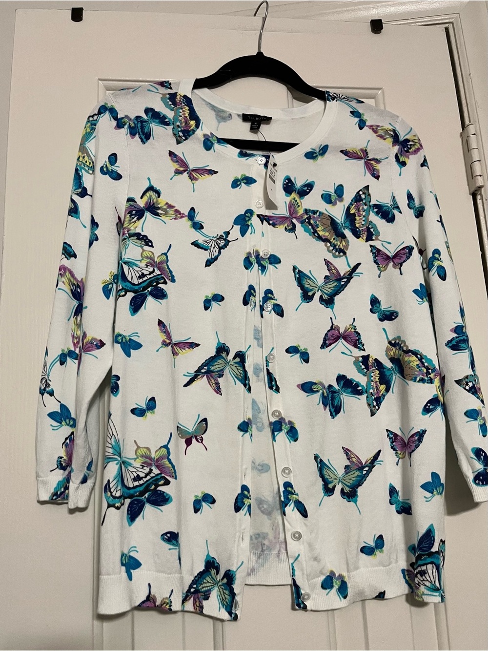Talbots Butterfly Print Cardigan - White with Blue & Purple Butterflies